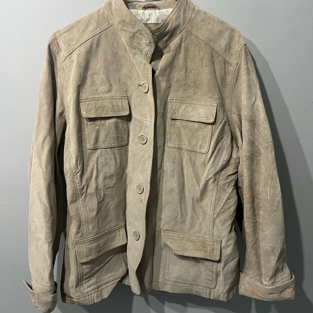 Eddie Bauer Seattle Suede Jacket Women’s XL  Cream Leather Button Coat